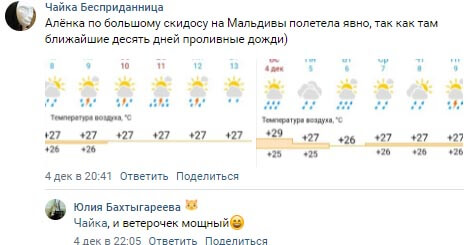 Скриншот прогноза погоды на Мальдивах вконтакте