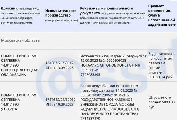 Скриншот с сайта судебных приставов вконтакте